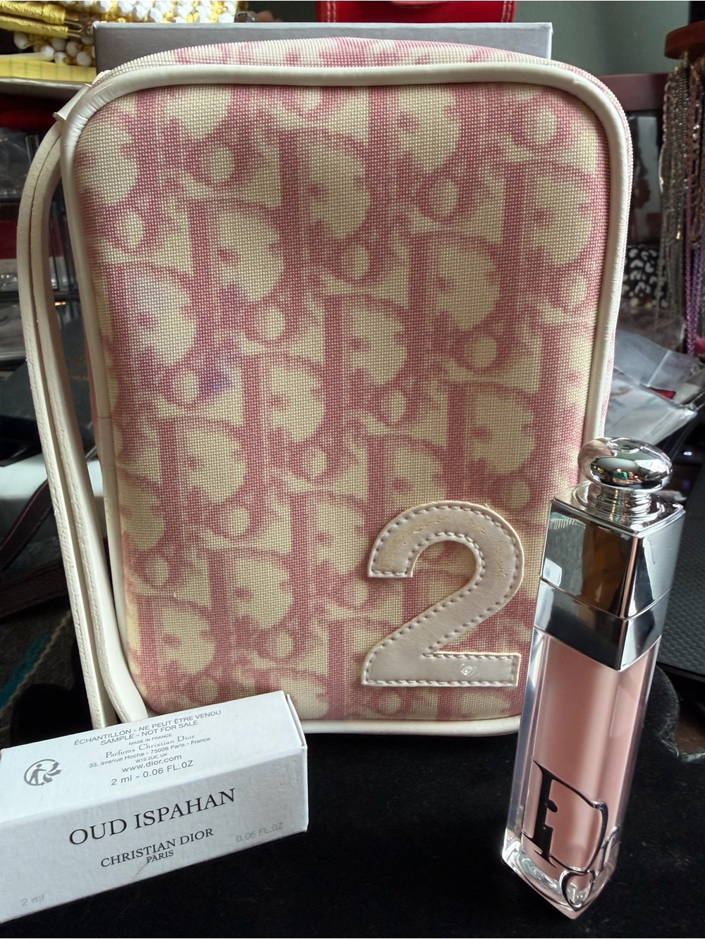 Dior Beauty Pink Logo Pouch + Lip Maximizer + Oud Ispahan Parfum Bundle